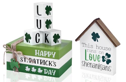 Ovootok St Patricks Day Decorations for Home, 7PCS Shamrock Wooden Table Decor Set with House Sign LUCK Blocks Book Stack, Tiered Tray Decor, St. Patrick’s Day Centerpiece for Office Table (green) - Image 1