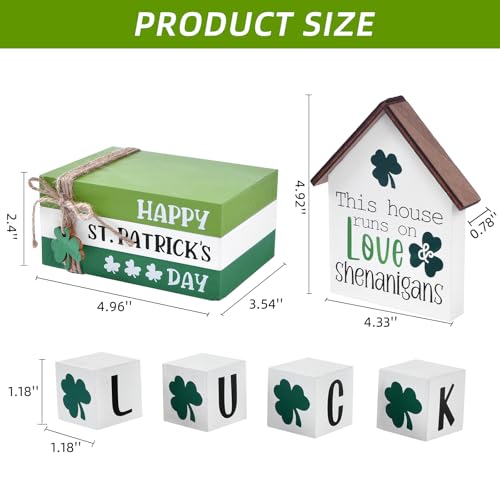 Ovootok St Patricks Day Decorations for Home, 7PCS Shamrock Wooden Table Decor Set with House Sign LUCK Blocks Book Stack, Tiered Tray Decor, St. Patrick’s Day Centerpiece for Office Table (green) - Image 3