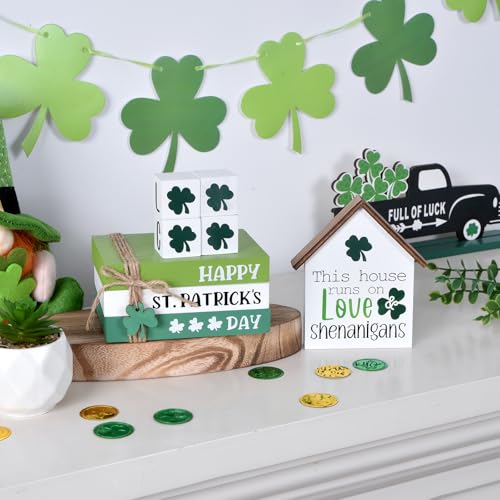 Ovootok St Patricks Day Decorations for Home, 7PCS Shamrock Wooden Table Decor Set with House Sign LUCK Blocks Book Stack, Tiered Tray Decor, St. Patrick’s Day Centerpiece for Office Table (green) - Image 2