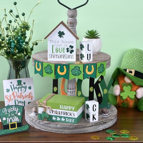 Ovootok St Patricks Day Decorations for Home, 7PCS Shamrock Wooden Table Decor Set with House Sign LUCK Blocks Book Stack, Tiered Tray Decor, St. Patrick’s Day Centerpiece for Office Table (green) - Image 4