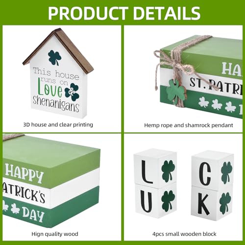 Ovootok St Patricks Day Decorations for Home, 7PCS Shamrock Wooden Table Decor Set with House Sign LUCK Blocks Book Stack, Tiered Tray Decor, St. Patrick’s Day Centerpiece for Office Table (green) - Image 5