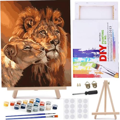 MaiMMaledy Paint by Numbers Kit for Adults Beginners 8Wx12L inch Canvas Pictures with Framed Drawing Painting Works with Wooden Triangle Easel Acrylic Pigment Lion - Image 1