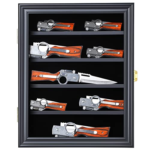 Jinchuan Knife Display Case - Pocket Knife Stand for Collections - Military Folding Knife Shadow Box Wall Cabinet with Uv Protection Acrylic Lockable,Small Black - Image 2