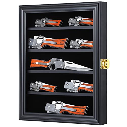 Jinchuan Knife Display Case - Pocket Knife Stand for Collections - Military Folding Knife Shadow Box Wall Cabinet with Uv Protection Acrylic Lockable,Small Black - Image 1