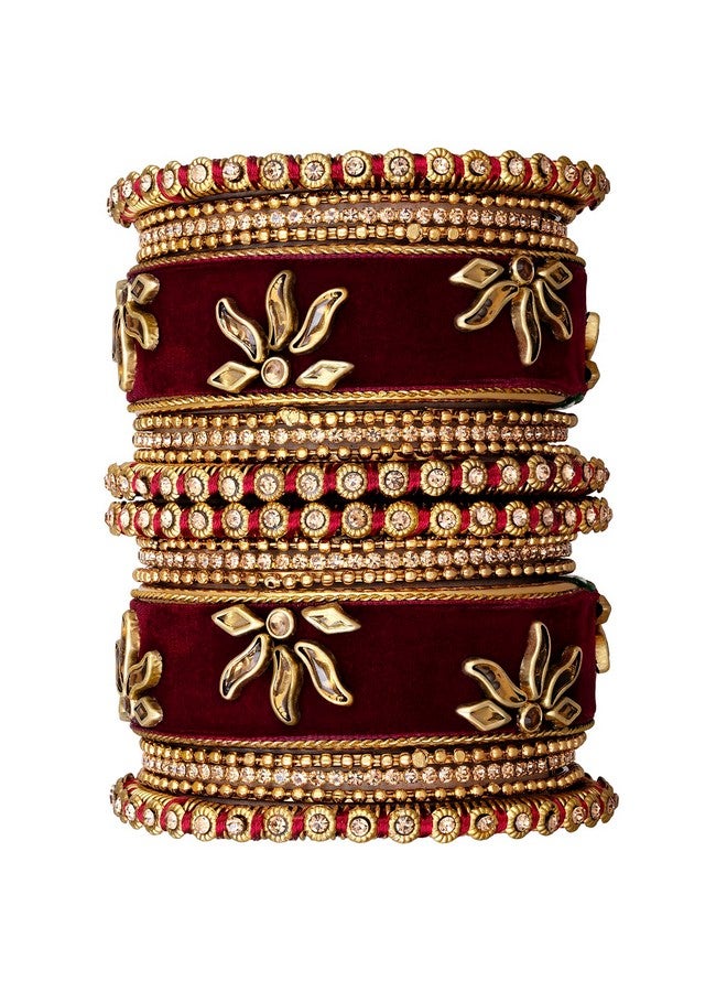 Peora Gold Plated Maroon Velvet Silk Thread Chuda Chura Bangle Set Ethnic Jewellery for Women Girls Navratri Gift (Size - 2.6) - Image 1
