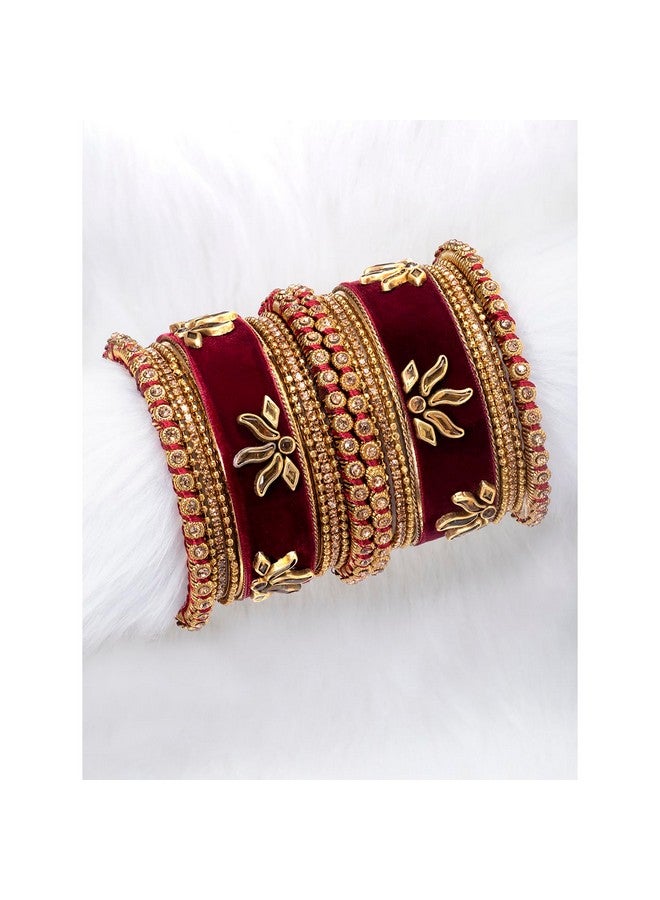 Peora Gold Plated Maroon Velvet Silk Thread Chuda Chura Bangle Set Ethnic Jewellery for Women Girls Navratri Gift (Size - 2.6) - Image 3