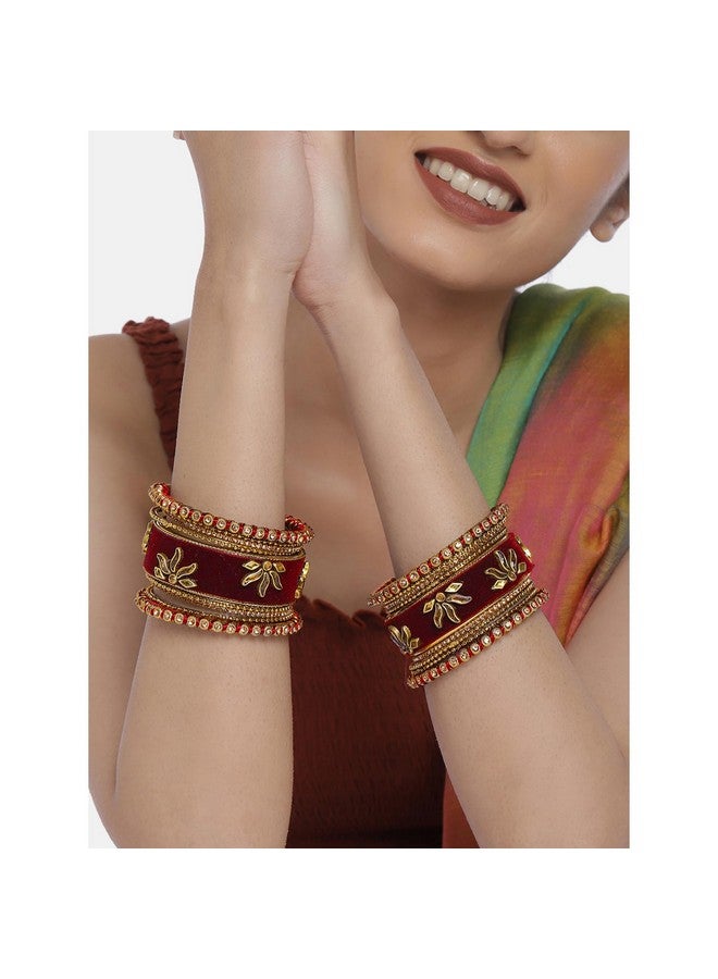 Peora Gold Plated Maroon Velvet Silk Thread Chuda Chura Bangle Set Ethnic Jewellery for Women Girls Navratri Gift (Size - 2.6) - Image 2