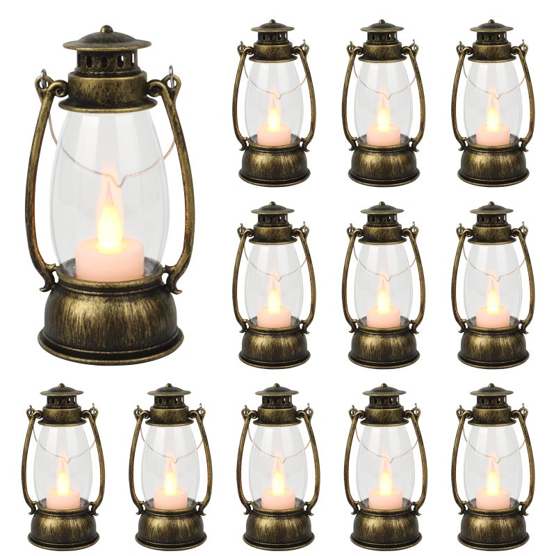 Reperla 12Pcs Mini Lantern for Halloween Decor, 6Inch Small Lanterns for Western Garden Camping Party Decorations, Vintage Candleholders Table Centerpiece, Forest Christmas Wedding Decorations (Brass) - Image 1