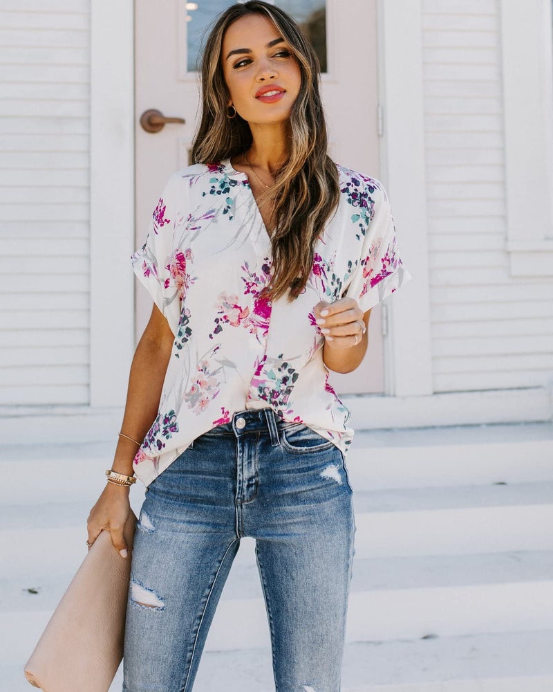 ANCAPELION Womenâ€™s Summer Chiffon Blouse Casual Short Sleeve V Neck Shirt Loose Printed Cuffed Sleeve Tunic Tops for Women White Printed XX-Large - Image 4
