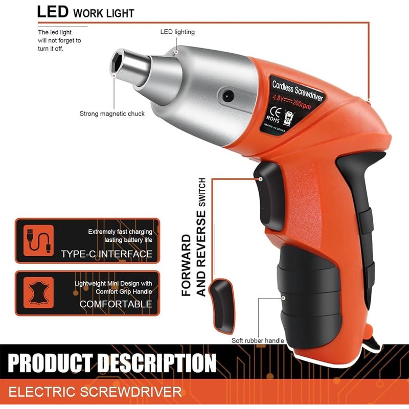 BIYALI 45 in 1 Screwdriver Drill Machine Reverse And Forward Cordless Rechargeable Screwdriver Tools Kit with Bits Holder with LED Light for Home Office DIY Tools 1Pcs Multicolor - Image 4