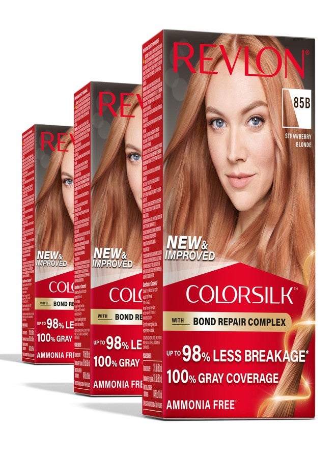 Revlon ColorSilk with Bond Repair Complex, Blonde Permanent Hair Color, 100% Gray Coverage, Ammonia Free Hair Dye, Vegan Keratin, 85B Strawberry Blonde (Pack of 3) - Image 1
