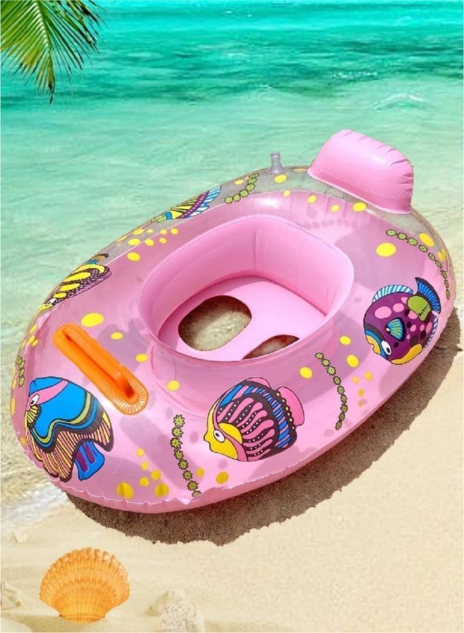 RIGJAK Kids Inflatable Boat Shape Swimming Ring with Handle & Backrest - Cartoon Fish Print Pool Float for Children | Durable PVC Swim Tube for Pool & Beach Fun (Pink) - Image 1