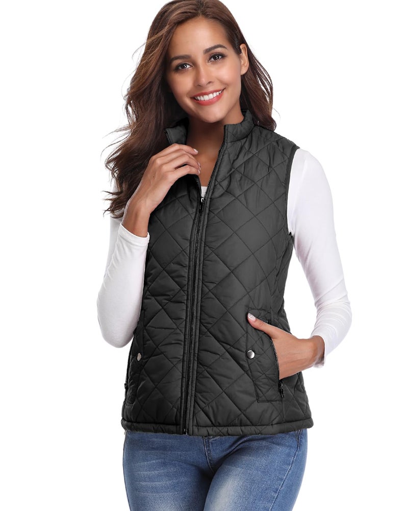 Fuinloth Women's Quilted Vest, Stand Collar Lightweight Zip Padded Gilet Black L - Image 5