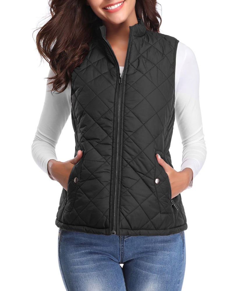 Fuinloth Women's Quilted Vest, Stand Collar Lightweight Zip Padded Gilet Black L - Image 1