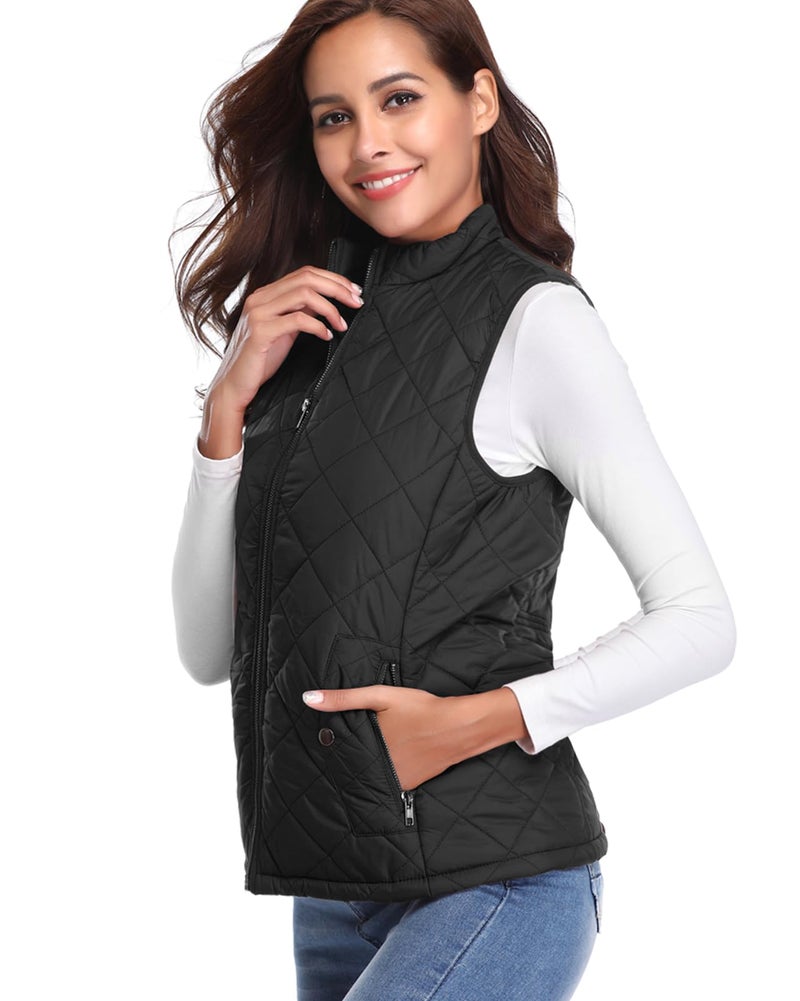 Fuinloth Women's Quilted Vest, Stand Collar Lightweight Zip Padded Gilet Black L - Image 2