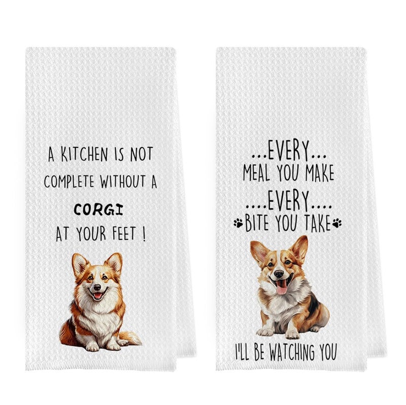 Geqtt Geqtt Funny Corgi Dish Towels Set - Waffle Weave Kitchen Hand Tea Towels for Bathroom  Decorative Gift for Corgi Lovers (1624 Inches  Set of 2)  - Image 1