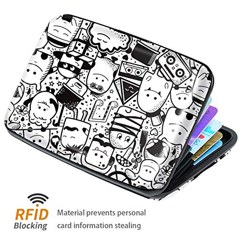 Coco Rossi Mini Credit Card Holder for Women,RFID Blocking Slim Hard Card Case ID Case Travel Wallet,Black and White Cartoons - Image 3