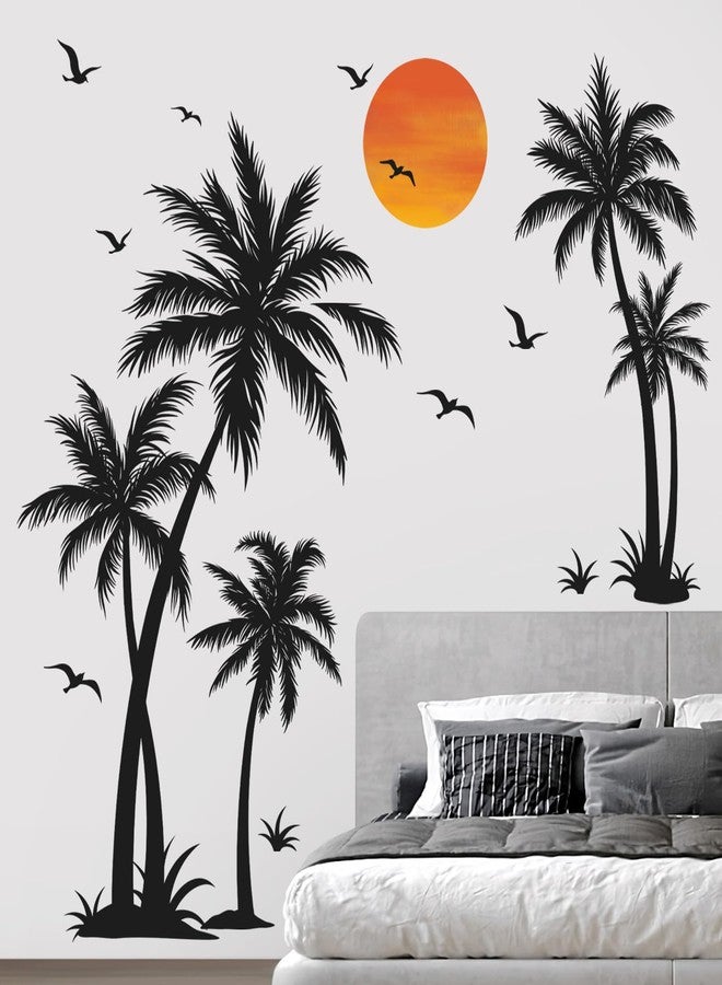 wondever Large Black Palm Tree Wall Stickers Tropical Tree Plants Birds Peel and Stick Wall Art Decals for Living Room Bedroom TV Background (H: 53 inch) - Image 3