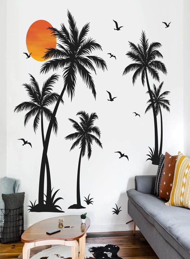 wondever Large Black Palm Tree Wall Stickers Tropical Tree Plants Birds Peel and Stick Wall Art Decals for Living Room Bedroom TV Background (H: 53 inch) - Image 4