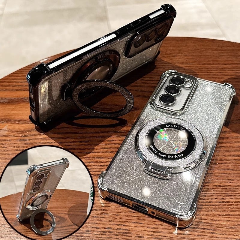 Electroplated Magnetic Kickstand Phone Case for Samsung Galaxy S26 Ultra S25 Plus A34 A57 with Gradient Glitter and Lens Film - Image 3