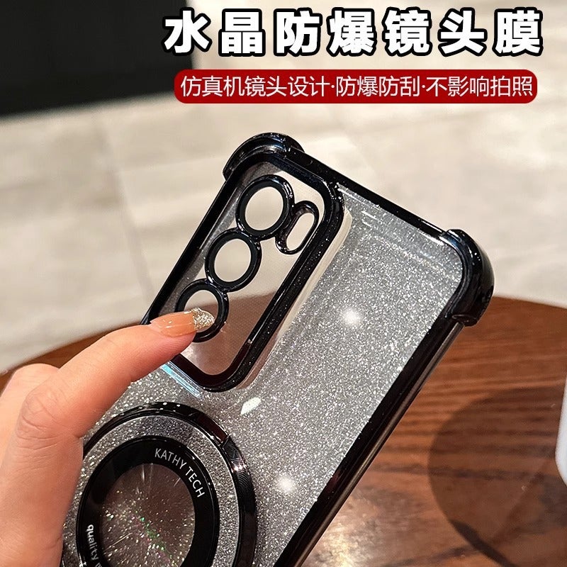 Electroplated Magnetic Kickstand Phone Case for Samsung Galaxy S26 Ultra S25 Plus A34 A57 with Gradient Glitter and Lens Film - Image 4