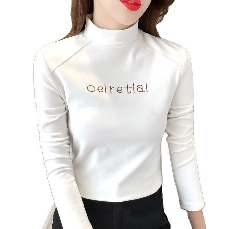Fleece-Lined Warm 2021 New Long-Sleeved T-Shirt Half Turtleneck Bottoming Shirt Women'S Inner Wear All-Matching Top Women'S Western Style