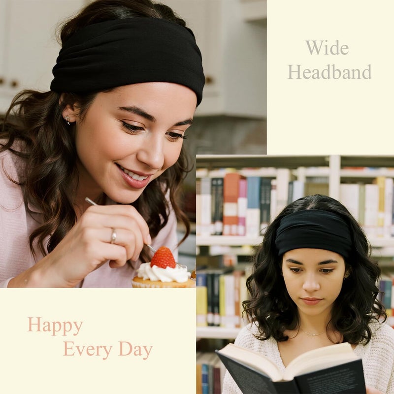 YONUF Wide Boho Headbands for Women Fashion Knotted Headband Yoga Workout Hair Accessories African Head Wrap Black 4 Pack - Image 3