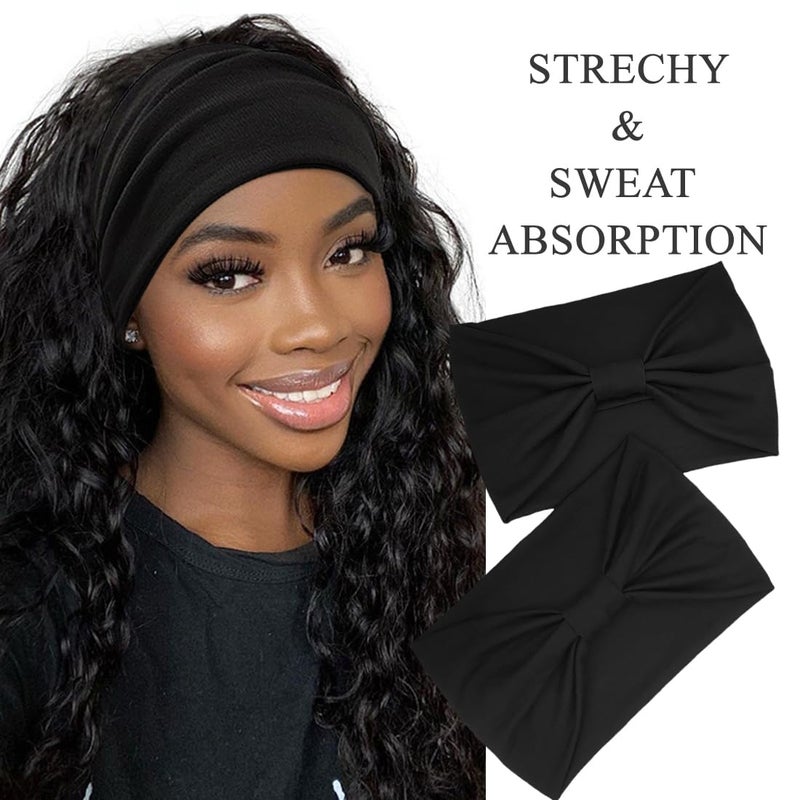 YONUF Wide Boho Headbands for Women Fashion Knotted Headband Yoga Workout Hair Accessories African Head Wrap Black 4 Pack - Image 2