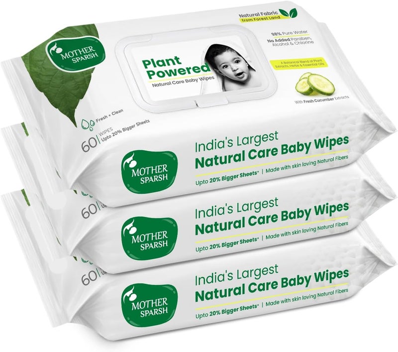 Mother Sparsh Natural Care Baby Wipes | 60 Pcs Pack of 3 - Image 1
