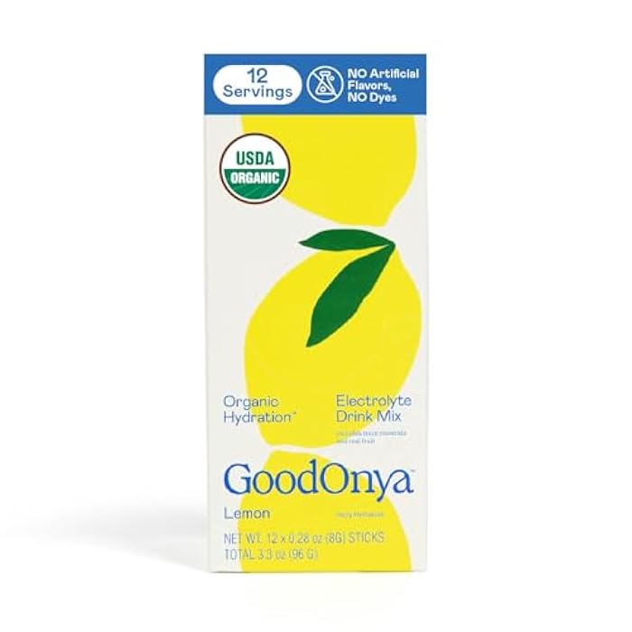 GOODONYA Organic Hydration Electrolyte Drink Mix, Certified Organic Hydration Powder, Non-GMO, Biochecked Glyphosate Free, Low Sugar, Lemonade Flavor, No Artificial Flavors,12 Stick Packs - Image 1