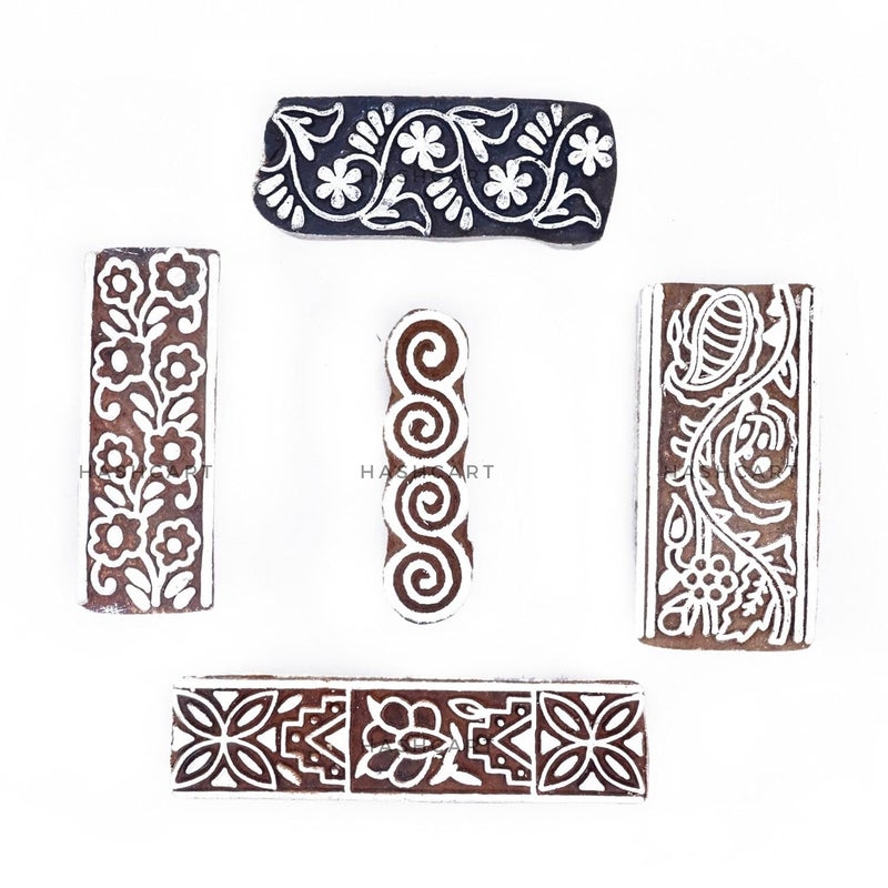 TWOGRAMS طوابع طباعة كتل خشبية - طوابع كتل خشبية لتزيين الألبومات وحدود الساري وحرف الفخار للأطفال وفن الحناء | مجموعة من 5 | - Image 1