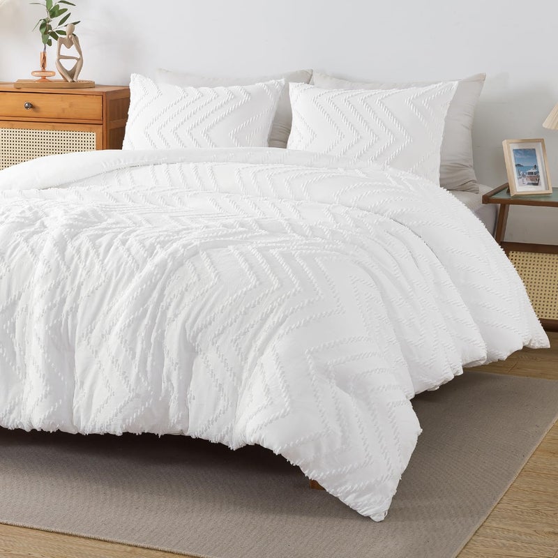 Andency White Comforter Full Size Boho Soft Fluffy Warm Lightweight Bedding Comforter Sets for Full Bed 3 Pieces Chevron Tufted Aesthetic Microfiber Lightweight Comforter Set