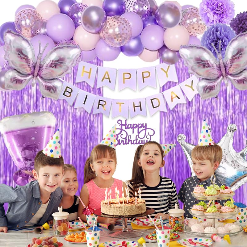 NOONEAU Purple Birthday Decorations for Women, Happy Birthday Banner, Purple Paper Pompoms,Fringe Curtain,Foil Balloons , Hanging Swirls for Women Girls Birthdays Party favors - Image 4