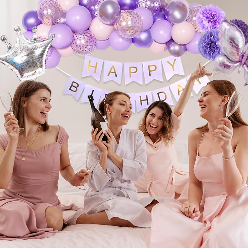 NOONEAU Purple Birthday Decorations for Women, Happy Birthday Banner, Purple Paper Pompoms,Fringe Curtain,Foil Balloons , Hanging Swirls for Women Girls Birthdays Party favors - Image 5