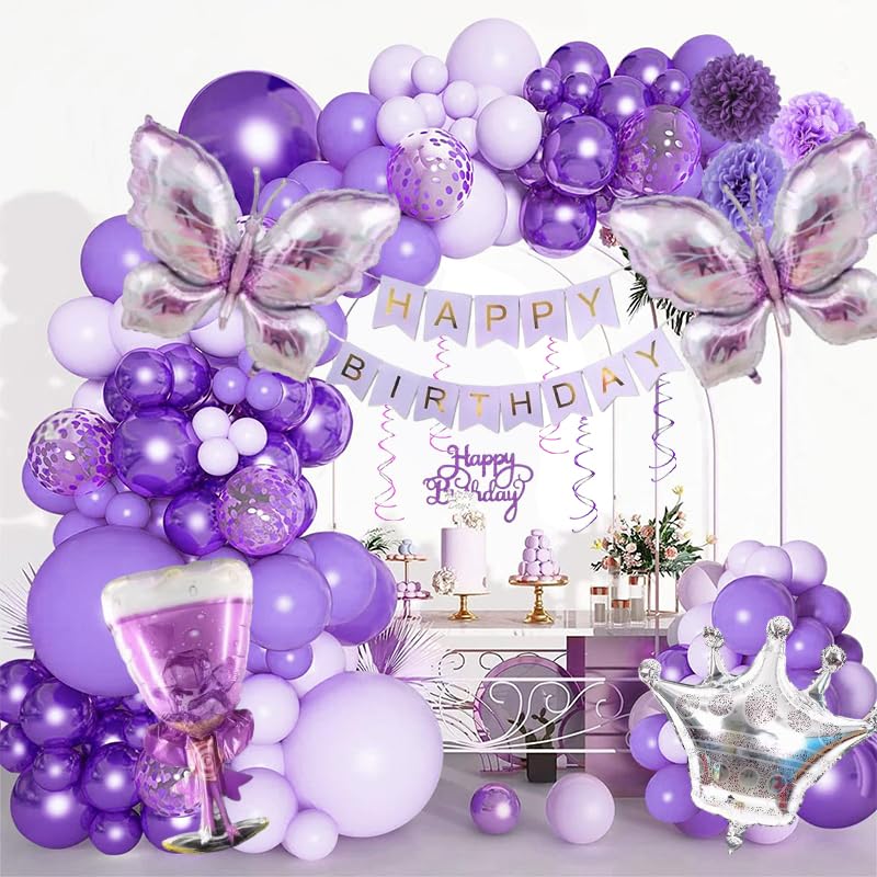 NOONEAU Purple Birthday Decorations for Women, Happy Birthday Banner, Purple Paper Pompoms,Fringe Curtain,Foil Balloons , Hanging Swirls for Women Girls Birthdays Party favors - Image 3