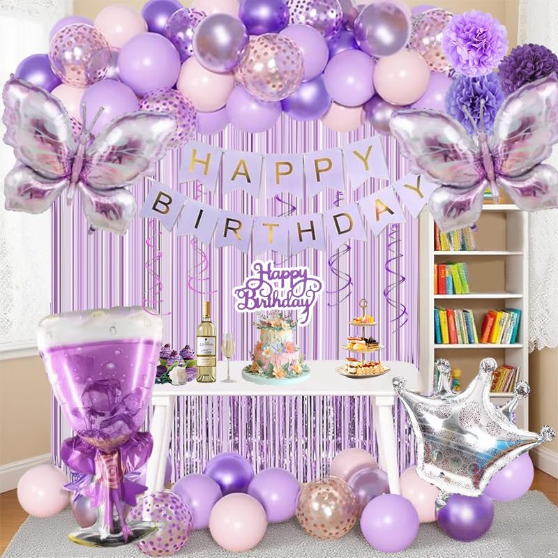 NOONEAU Purple Birthday Decorations for Women, Happy Birthday Banner, Purple Paper Pompoms,Fringe Curtain,Foil Balloons , Hanging Swirls for Women Girls Birthdays Party favors - Image 1