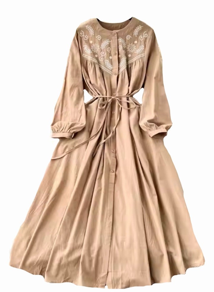 SOLOBUY Cotton Dress With Contrast Embroidery, Buttons, Belt And Pockets, Length Midi, sleeves Long, Beige - Image 1
