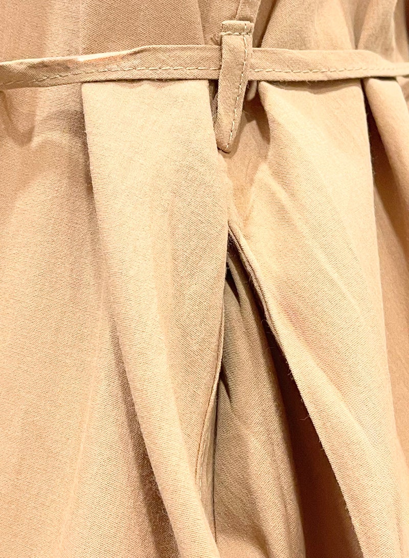 SOLOBUY Cotton Dress With Contrast Embroidery, Buttons, Belt And Pockets, Length Midi, sleeves Long, Beige - Image 3