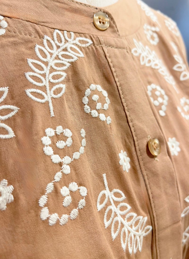 SOLOBUY Cotton Dress With Contrast Embroidery, Buttons, Belt And Pockets, Length Midi, sleeves Long, Beige - Image 2
