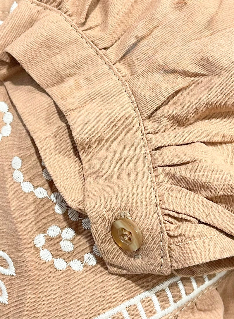 SOLOBUY Cotton Dress With Contrast Embroidery, Buttons, Belt And Pockets, Length Midi, sleeves Long, Beige - Image 5