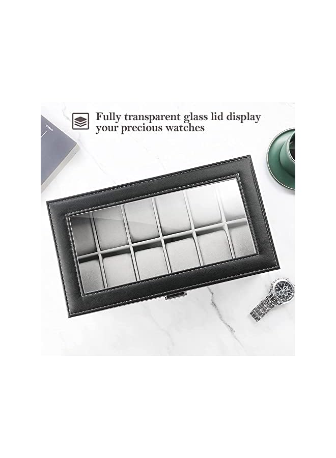 PROMASS 12 Slots Watch Box Organizer for Women Men, Watch Storage Box Case for Watches Sunglass Cufflinks Ring Jewelry Necklace -Black - Image 1