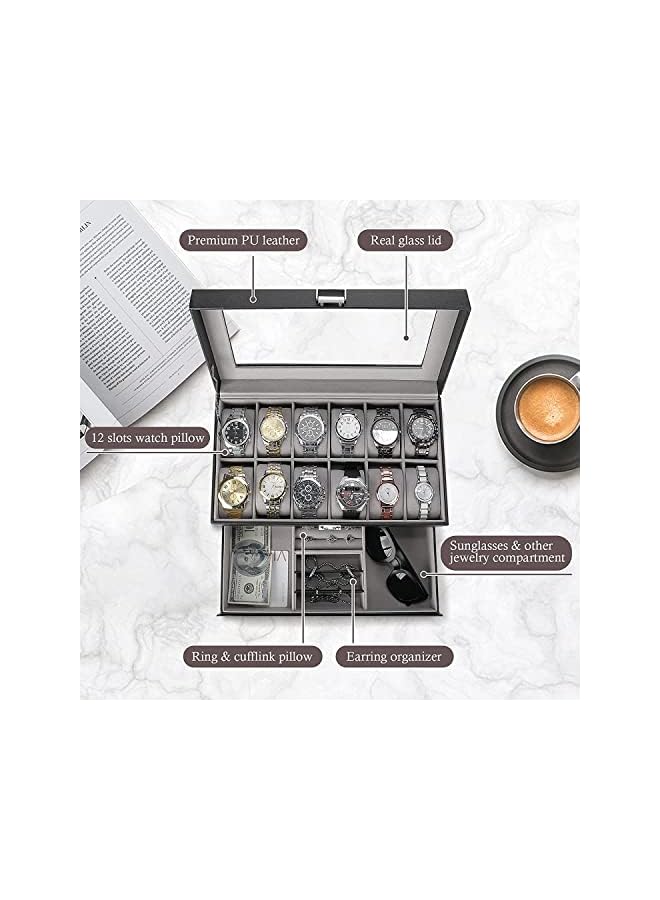 PROMASS 12 Slots Watch Box Organizer for Women Men, Watch Storage Box Case for Watches Sunglass Cufflinks Ring Jewelry Necklace -Black - Image 2