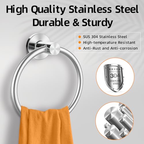 Z-TIISON Brushed Silver Towel Ring 2Pack SUS304 Stainless Steel Hand Towel Holder for Bathroom Kitchen Modern Style Towel Hanger Thicken Ring Towel Holder Towel Rack Round Wall Mounted 2 Brushed Silver - Image 3