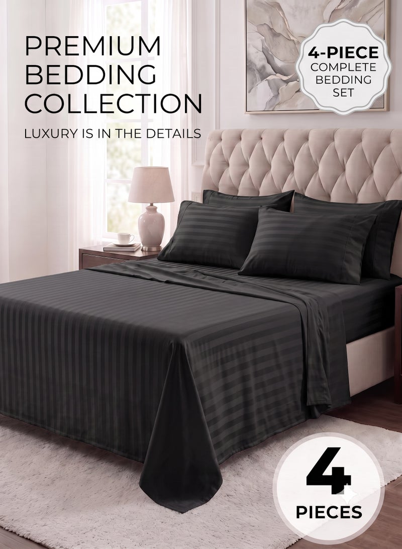 ZEESQUARE Luxury 4-Piece Black Striped Bedding Set | Soft Hotel Collection ncludes 1 Duvet Cover (220x240cm), 1 Fitted Bed Sheet (200x200+30cm), and 2 Pillow Cases (48x74+5cm) | Premium Breathable Bed Linen for Modern Bedroom for King, Queen & Single Size Beds - Image 1