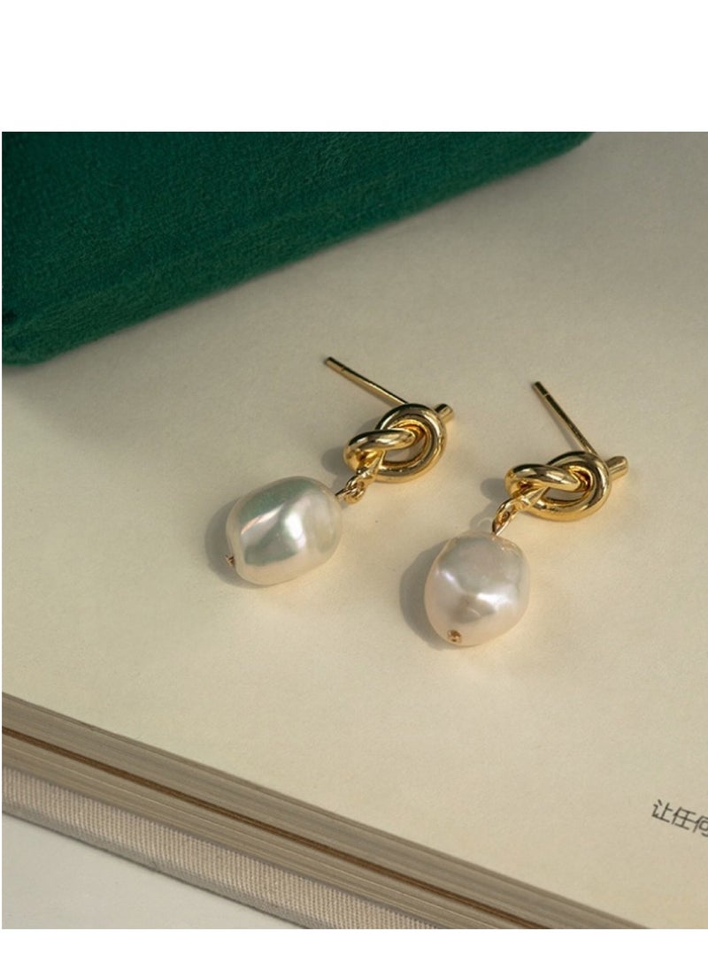 YL - 14K Gold Plated Knot Dangle Pearl Earrings - Image 1