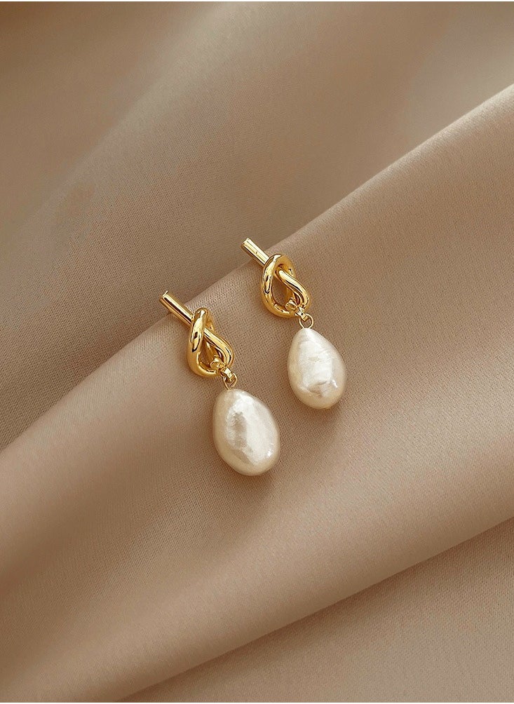 YL - 14K Gold Plated Knot Dangle Pearl Earrings - Image 1