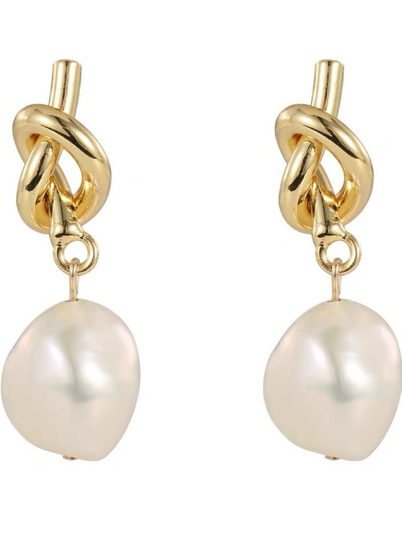 YL - 14K Gold Plated Knot Dangle Pearl Earrings - Image 1