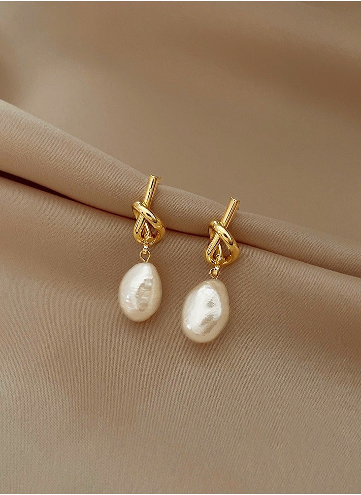 YL - 14K Gold Plated Knot Dangle Pearl Earrings - Image 1