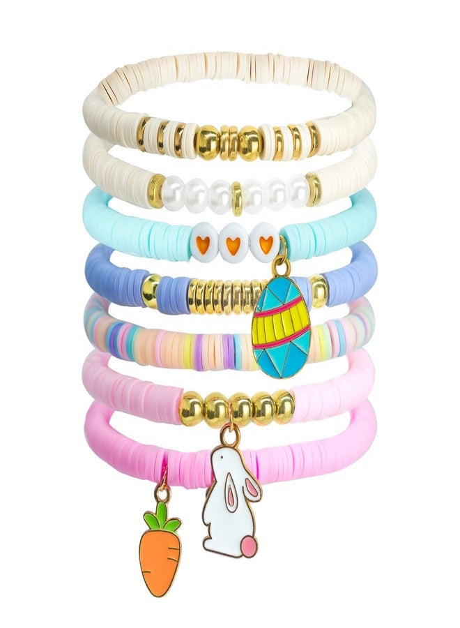 mintolex 7 Pcs Easter Bracelets for Women with Bunny Carrot and Egg Charms Pastel Preppy Stretch Polymer Clay Beads Stackable Jewelry Set for Easter Gifts and Spring - Image 1