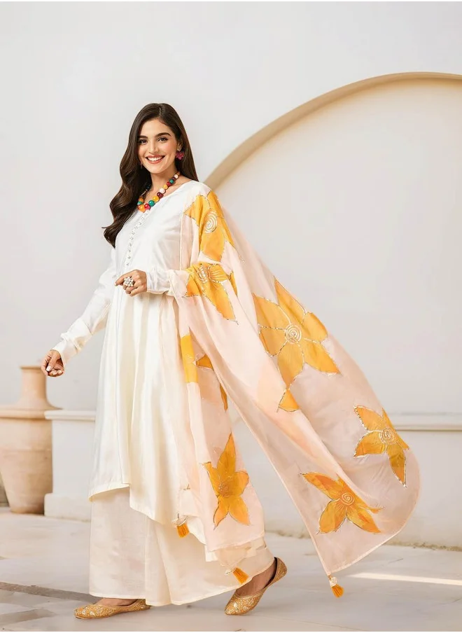 ISHIN Anarkali Fit Solid Pattern Round Neck Long Sleeves Off White Colour Knitted Cotton Kurta Set for Women with Semi Elastic Closure - An Ideal Pick for Any Occasion